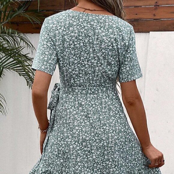 Blue Boho Womens Floral Print Knot Side Ruffle Trim Wrap Dress - Picture 2 of 5